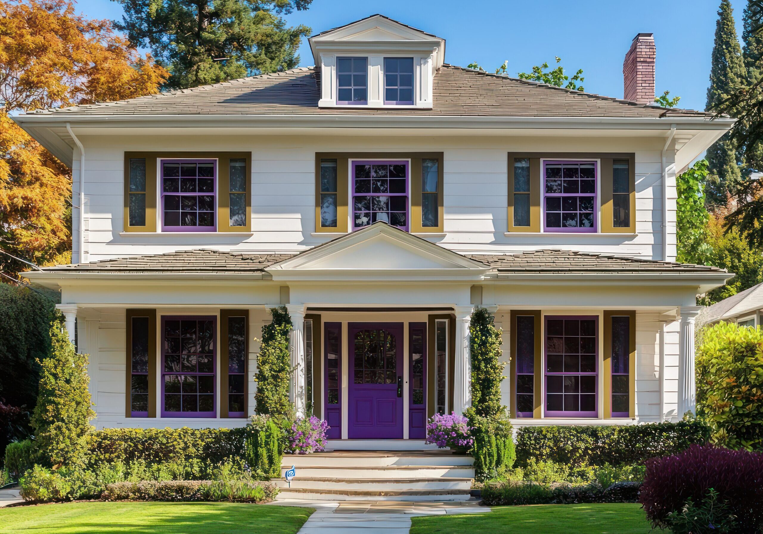 Picturesque suburban home in Georgia, white with olive trim, purple windows.