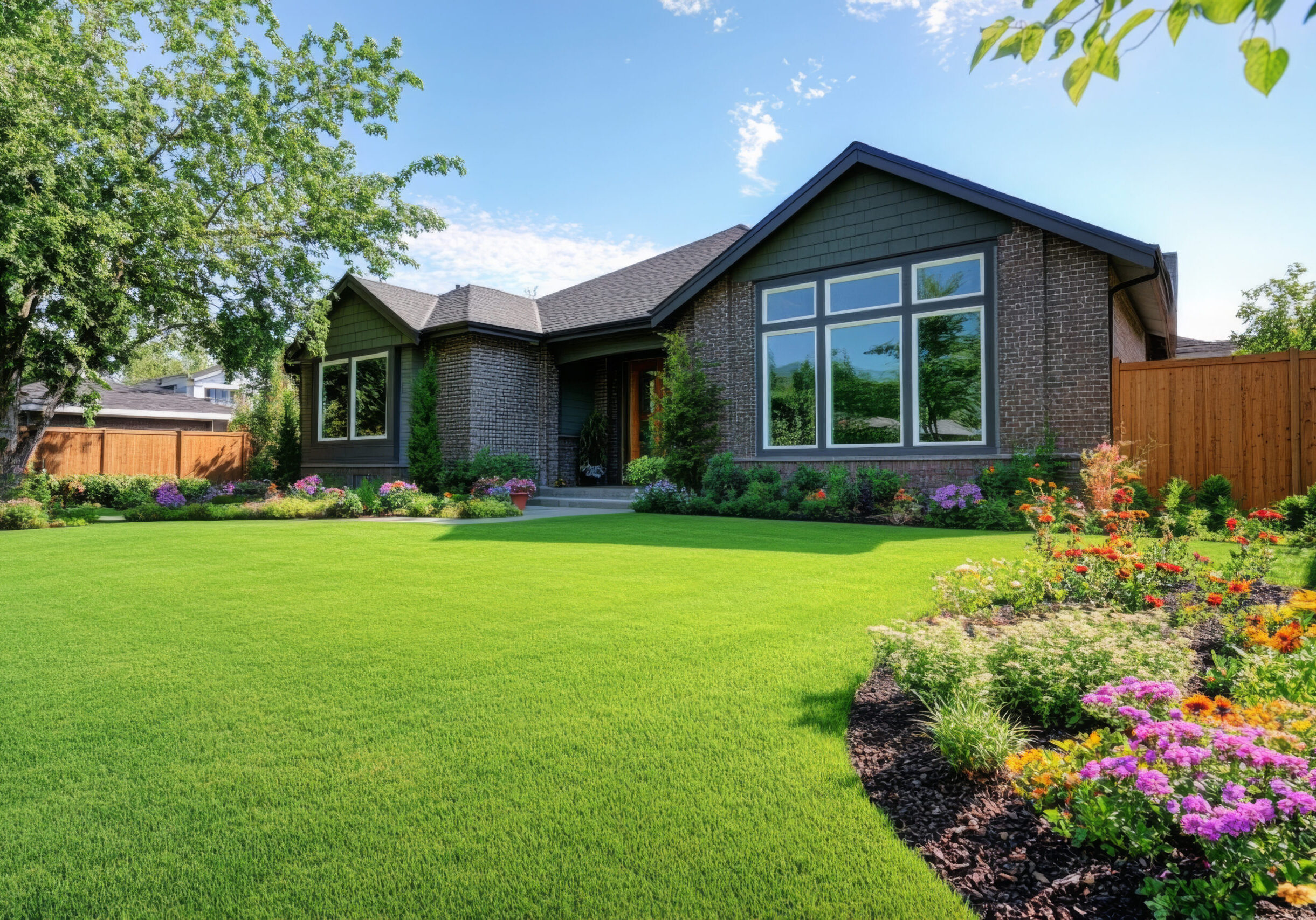 Contemporary brick home in Norcross, Georgia, with large grid windows, manicured lawn, and vibrant flower beds.