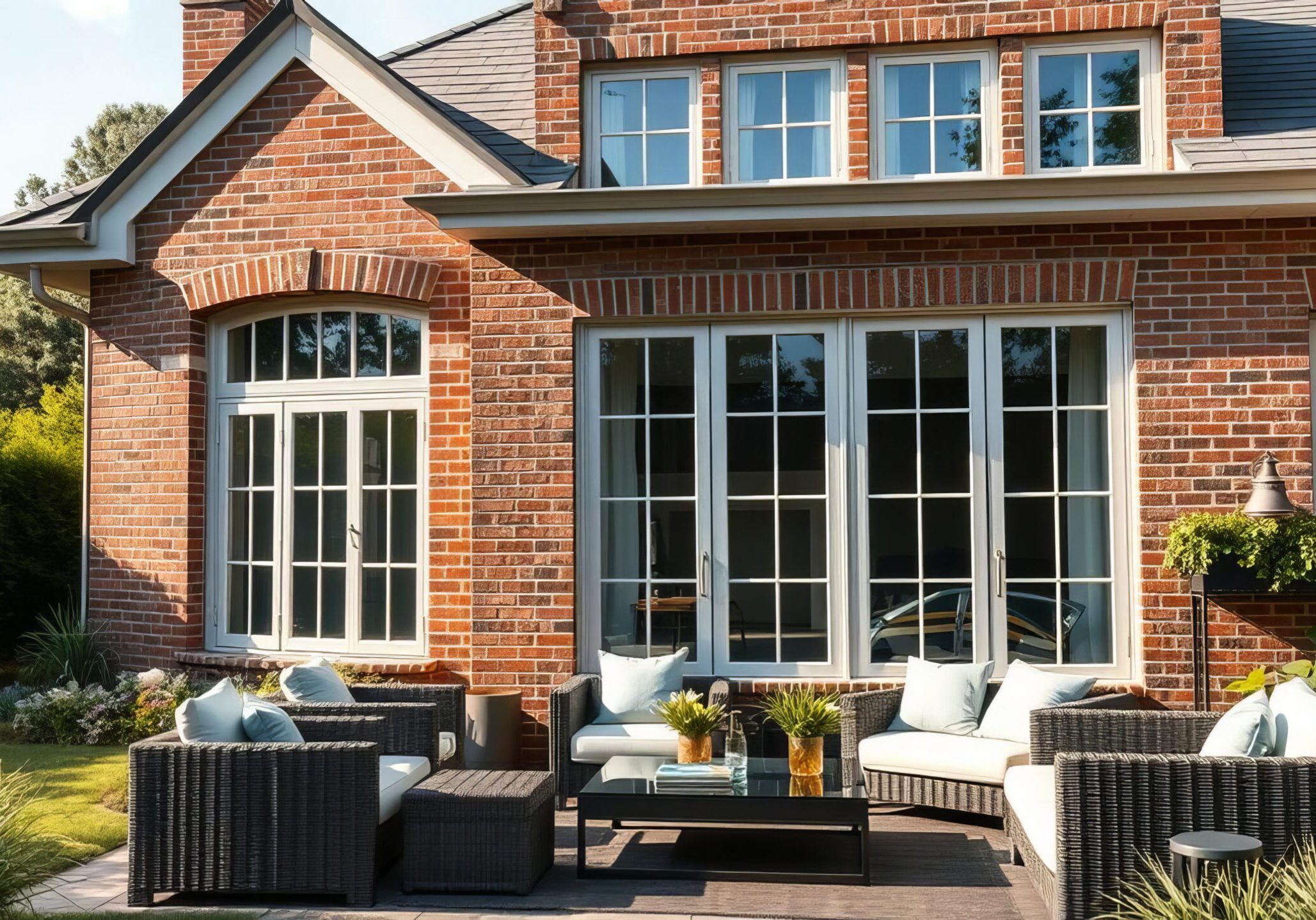 Stylish modern brick house with expansive windows and outdoor seating in lush greenery, house, luxury