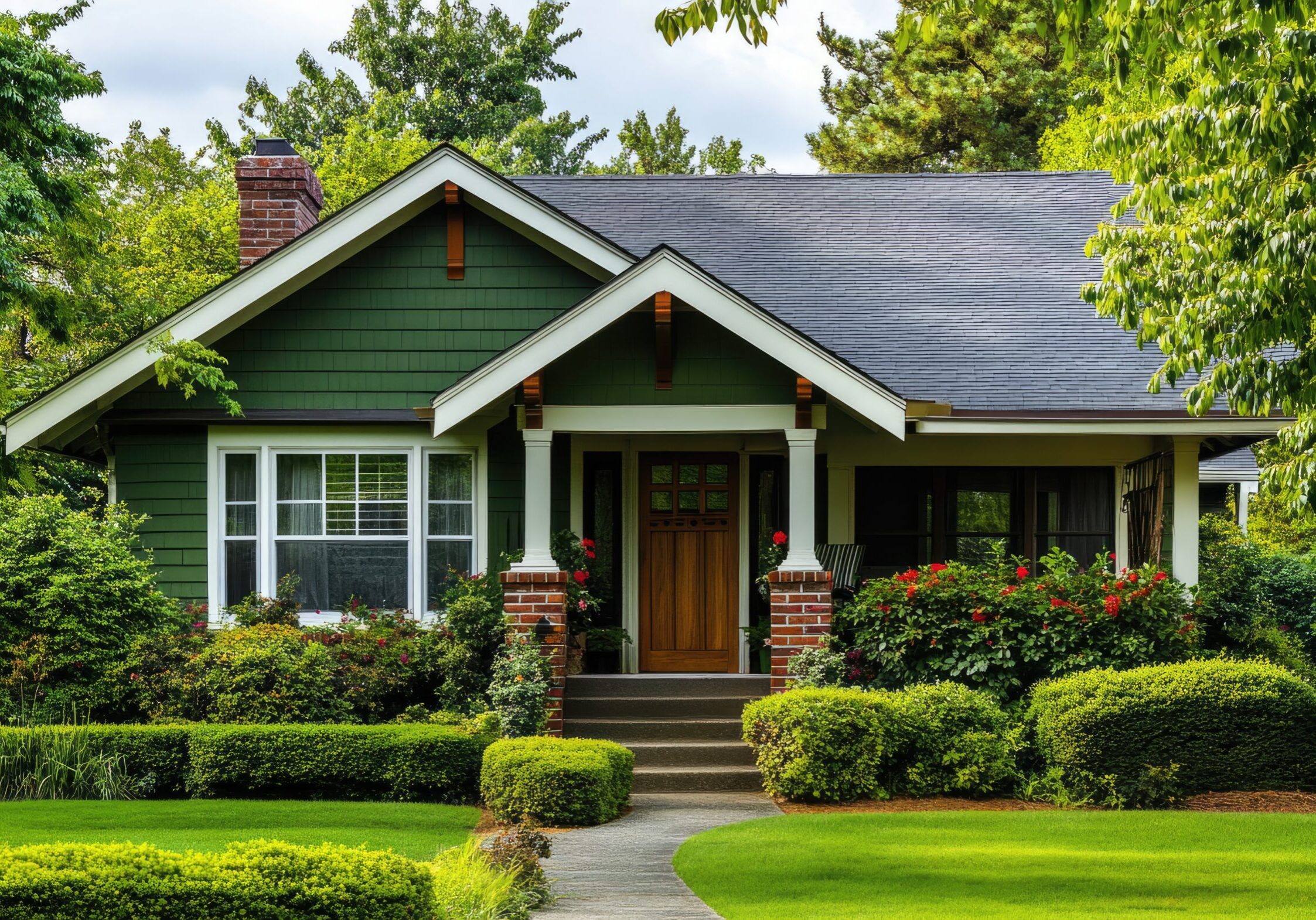 Charming craftsman-style house with green siding, white trim, and wooden front door, featuring a covered porch with brick columns and manicured landscaping