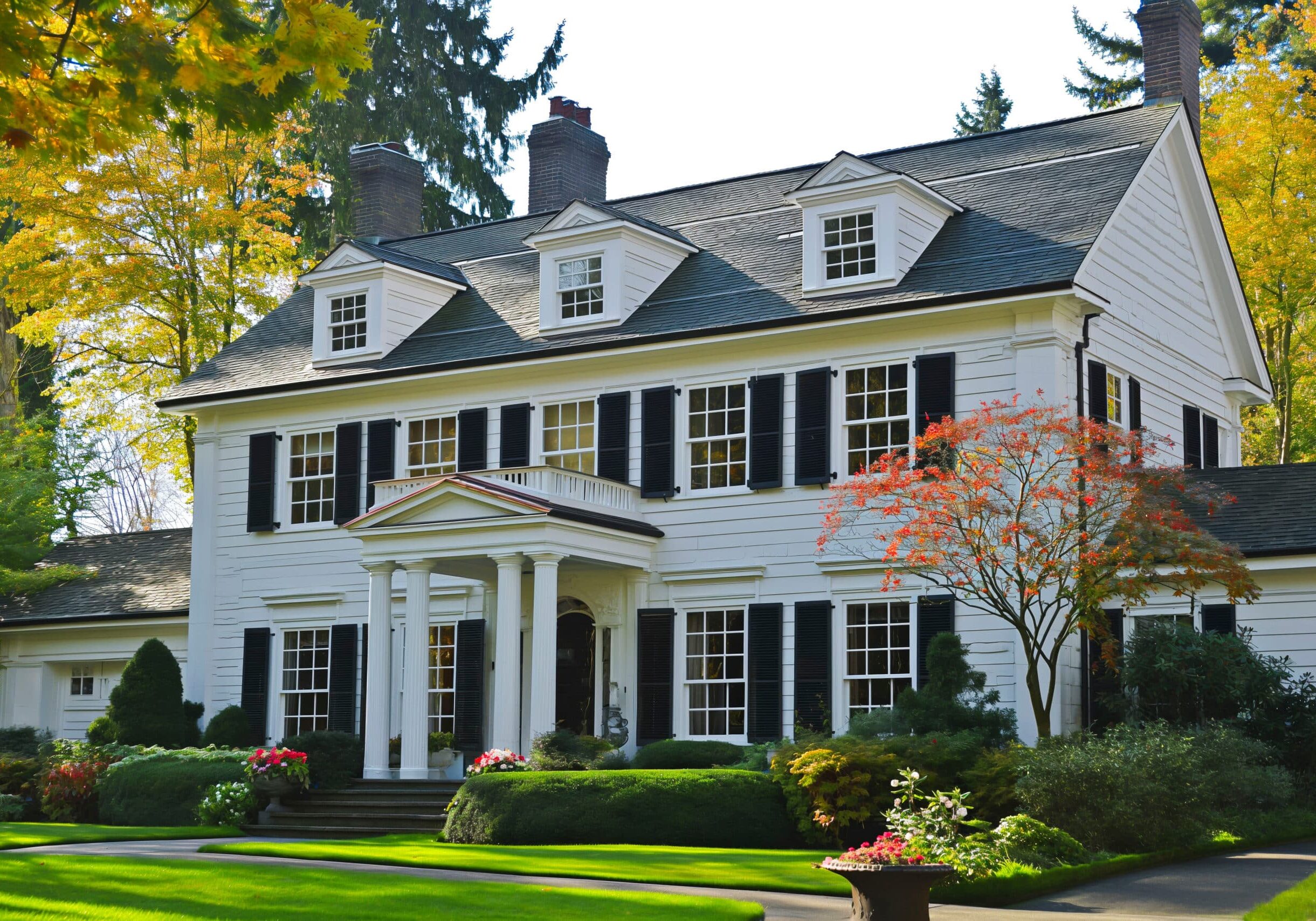 Colonial style American house. American classic home and house designs