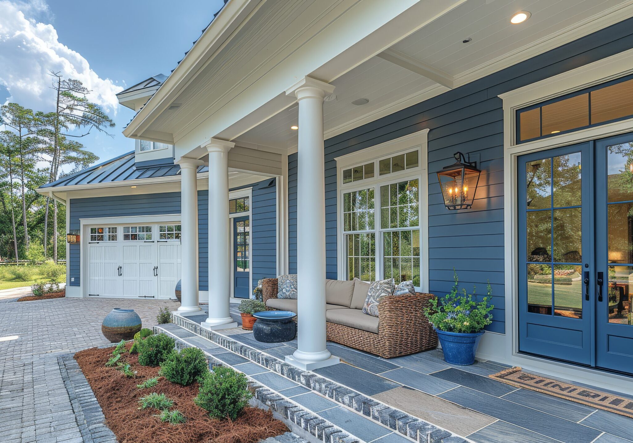 Professional photo of a front porch with white trim and light blue doors, open garage door on the left side, and entrance into home through double glass French doors in sunny New Orleans daytime.