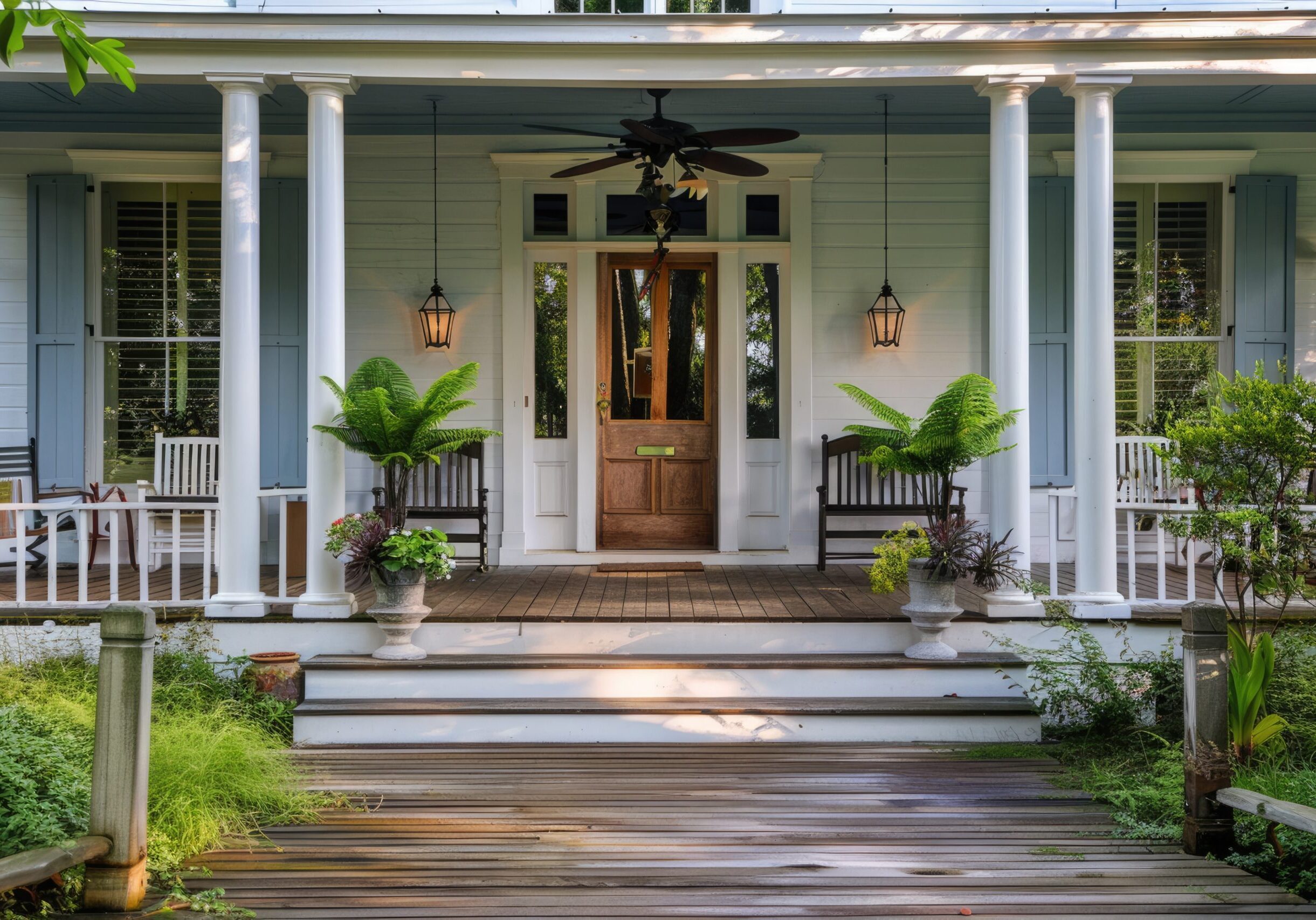 Covered Porch. Beautiful front entrance of Southern home with covered porch.: home, house, real estate, porch, front door, open, inviting, expensive, deck, exterior --ar 3:2 Job ID: 9313fd5a-6aec-4b88-8c70-475f9c4111d6