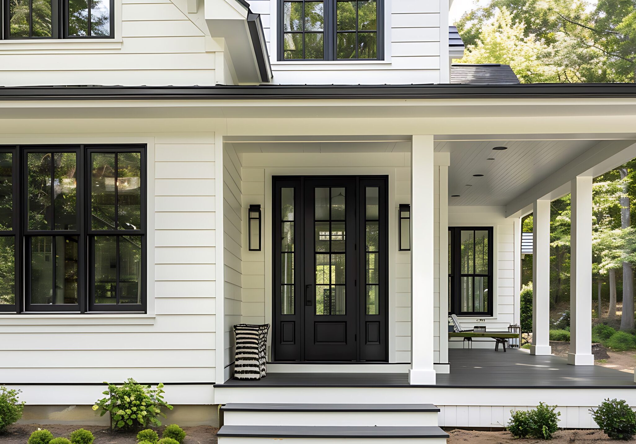 bold black door on a modern farmhouse with white siding and black windows, surrounded by a wrap-around porch