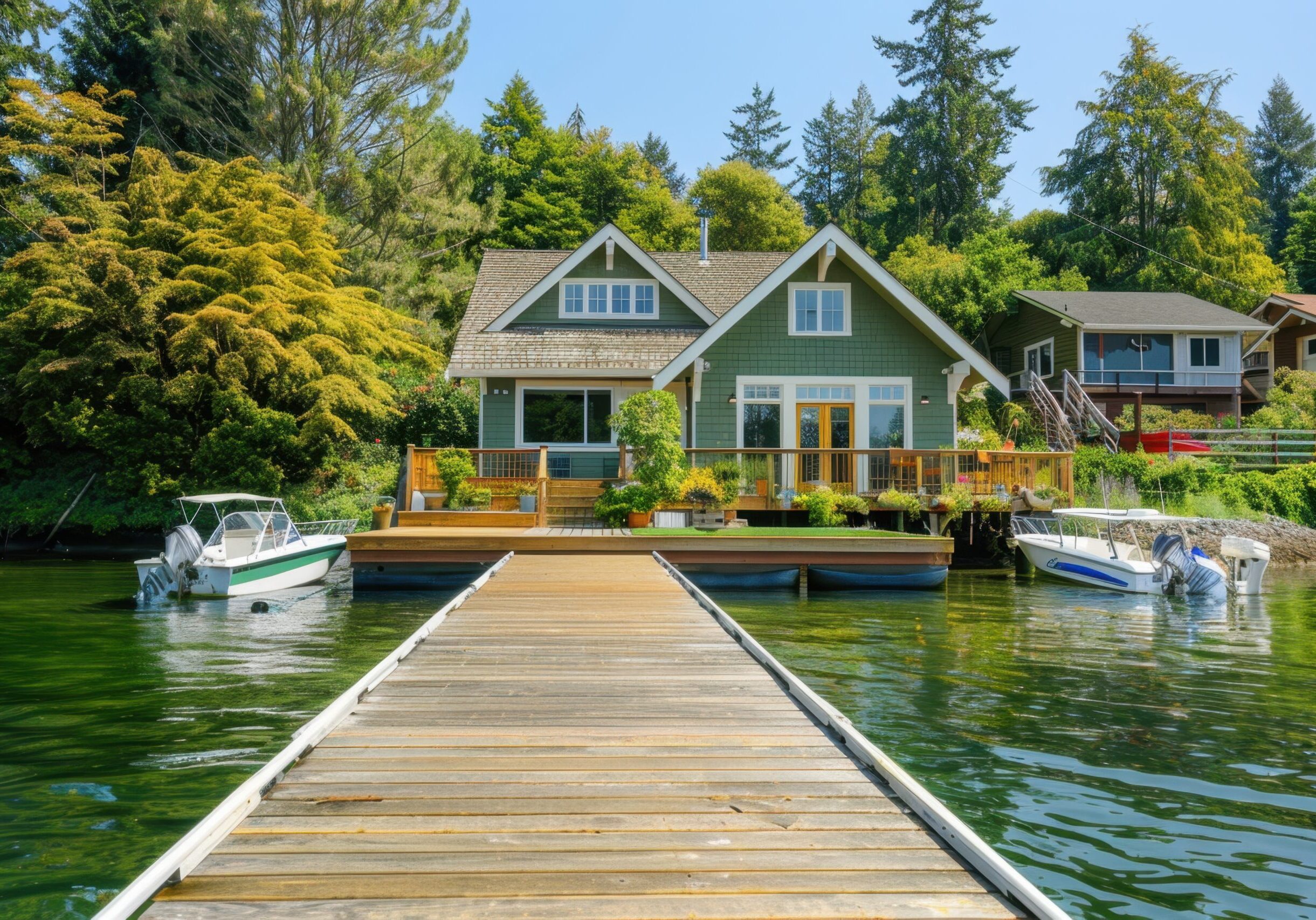 Beautiful lake house with dock shows a large wooden deck leading up to the front of a green colored craftsman style home with white trimmed windows Generative AI